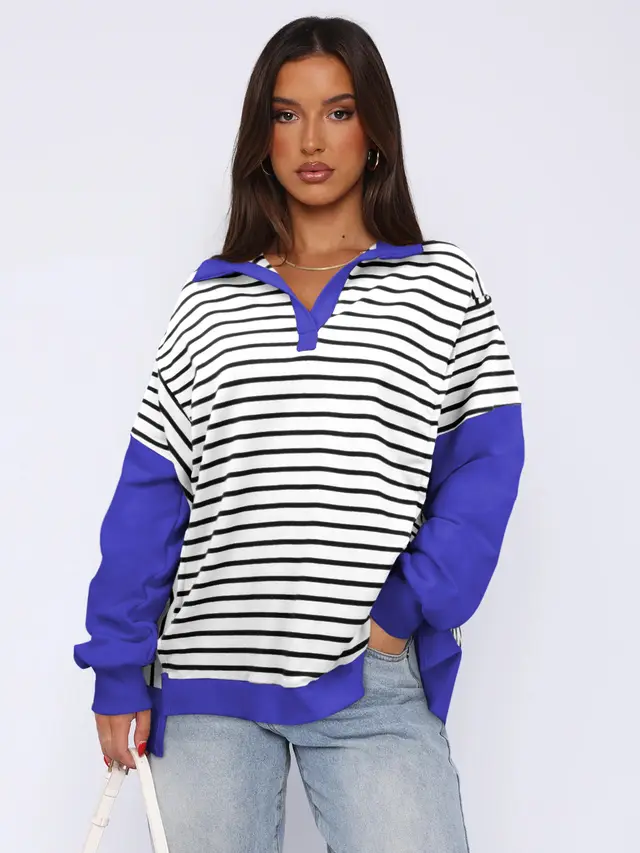 Fashion Loose Contrast Color Striped Sweater Split Women 003 White With Black Stripes - Shop at LoveMi