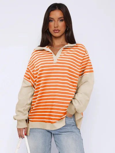 Fashion Loose Contrast Color Striped Sweater Split Women Orange - Shop at LoveMi