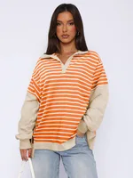 Fashion Loose Contrast Color Striped Sweater Split Women - Orange - View 1