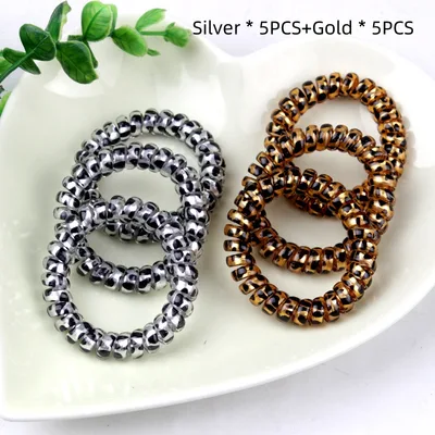 Plastic Leopard Print Phone Line Hair Ring Hair Rope Gold And Silver Mix - Shop at LoveMi