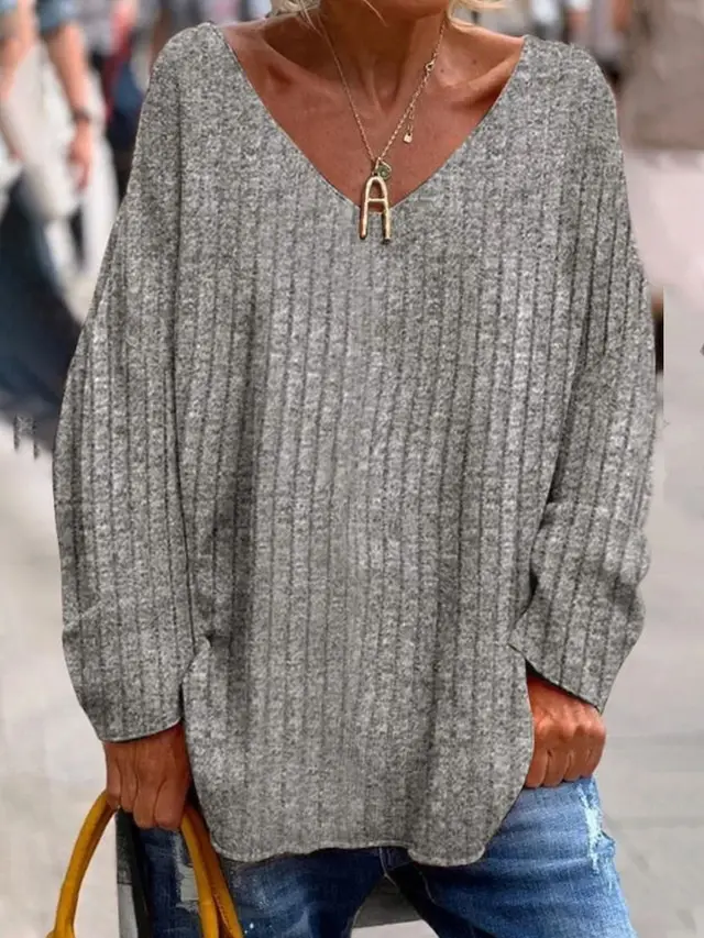 Women's V neck Knitted Top Gray - Shop at LoveMi