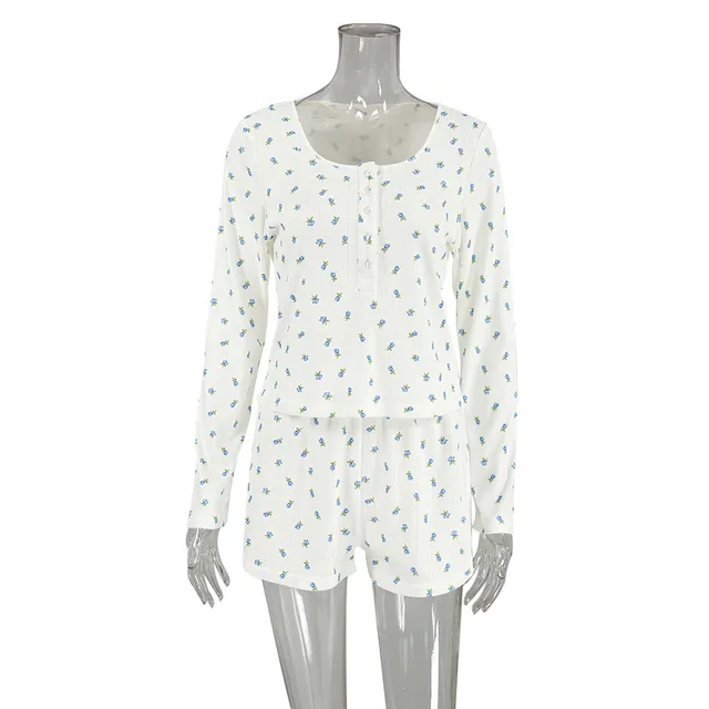 Floral Print Long sleeved Sweater Shorts Two piece Home Wear White - Shop at LoveMi