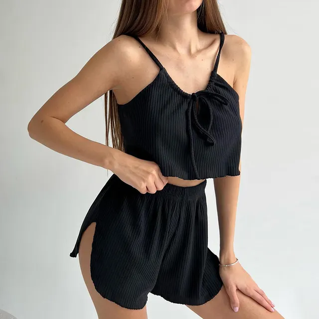 Comfortable Knitted White Sunken Stripe Suspender Shorts Pajamas Suit Black - Shop at LoveMi