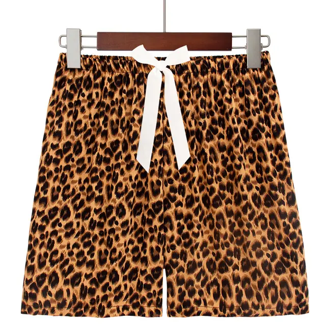 Plus Size Home Printed Bow Cotton Silk Shorts Leopard Print Shorts - Shop at LoveMi