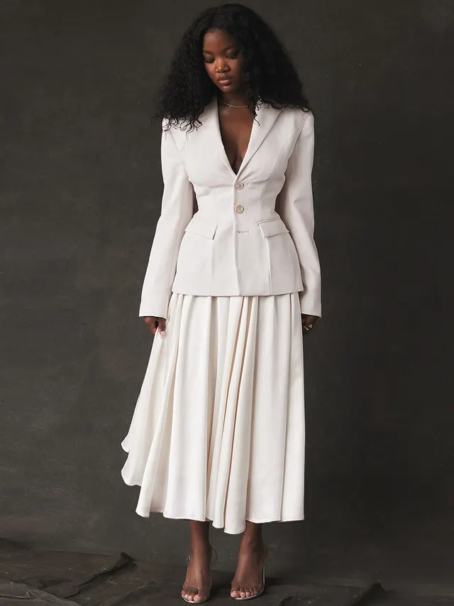 Solid Color Waist Tight Slim Fit Suit High Waist Pleated Skirt Two piece Suit Suit - Shop at LoveMi