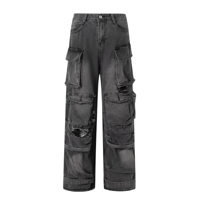 Women's New Cargo Pocket Denim Trousers Black - Shop at LoveMi