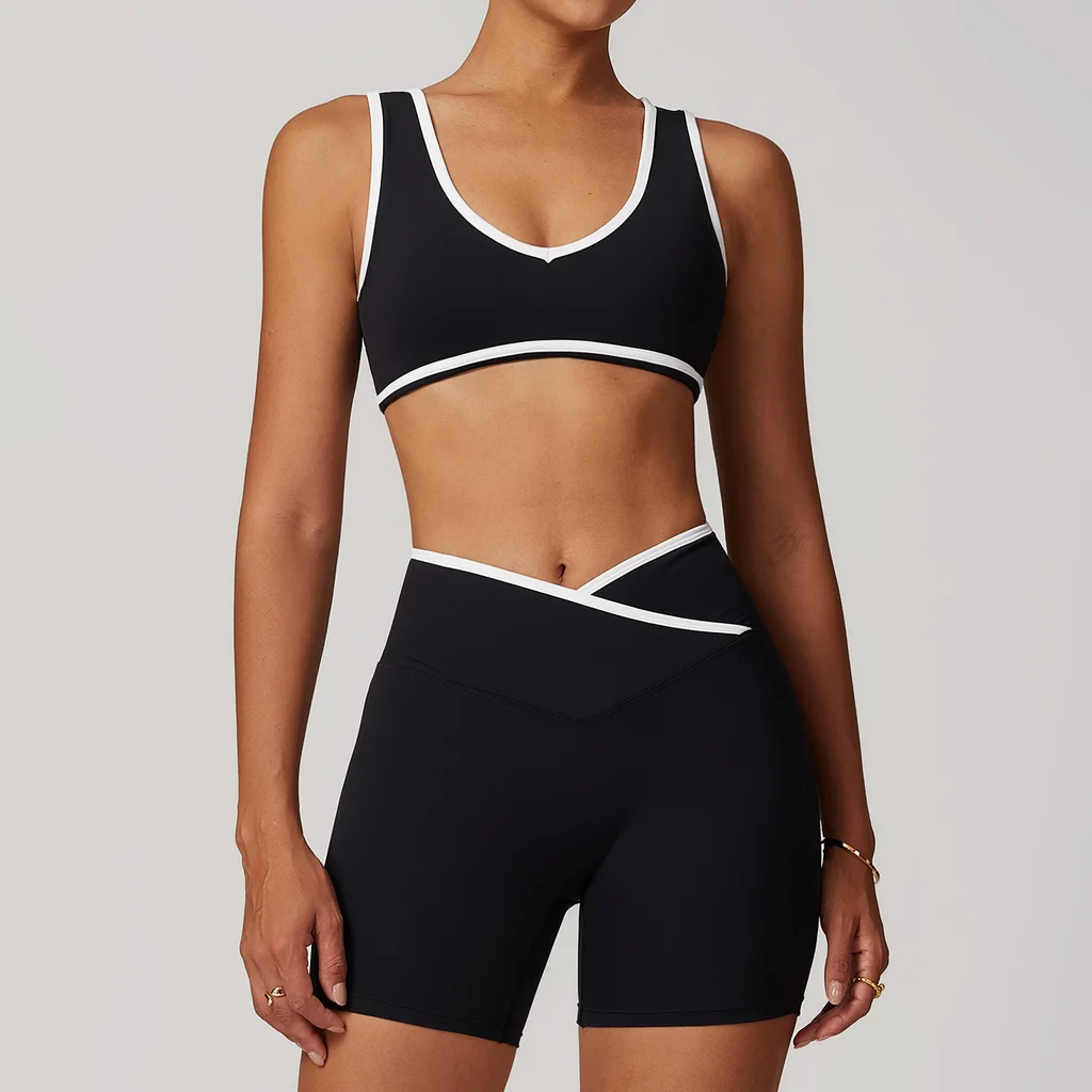 Cross High Top Sports Suit Female Fitness Yoga Wear - Bra Shorts Premium Black - View 1