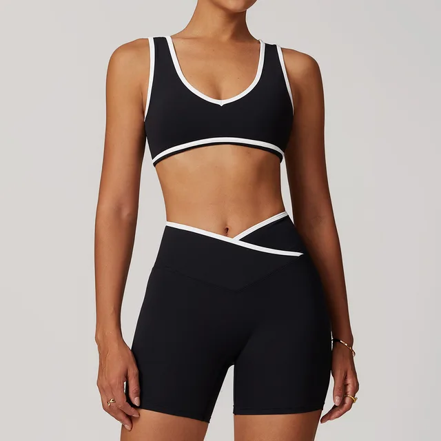 Cross High Top Sports Suit Female Fitness Yoga Wear Bra Shorts Premium Black - Shop at LoveMi