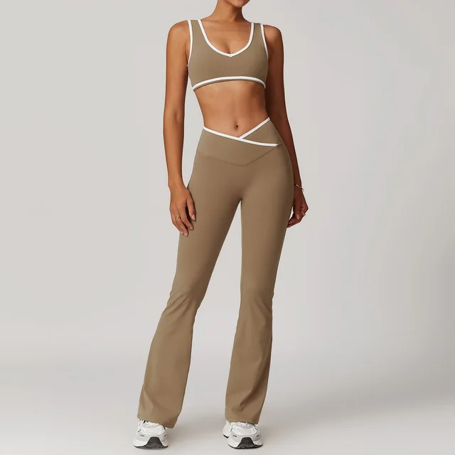 Cross High Top Sports Suit Female Fitness Yoga Wear Bra Trousers Cocoa Brown - Shop at LoveMi
