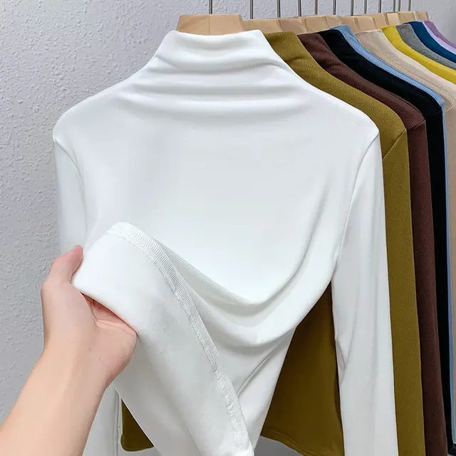Waist tight Western Style Small Shirt Stretch Underwear Long Sleeved Top White With Fleece Lining - Shop at LoveMi