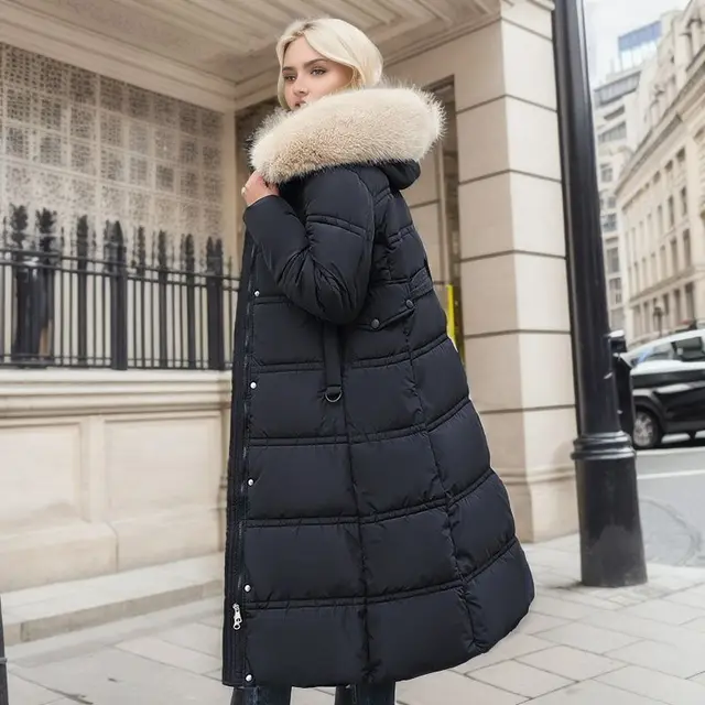 Winter Slim Long Jacket With Fur Hood And Belt Fashion Solid Hooded Coat Warm Clothing For Women Black With Khaki - Shop at LoveMi
