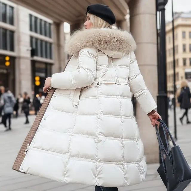 Winter Slim Long Jacket With Fur Hood And Belt Fashion Solid Hooded Coat Warm Clothing For Women Off White With Khaki - Shop at LoveMi