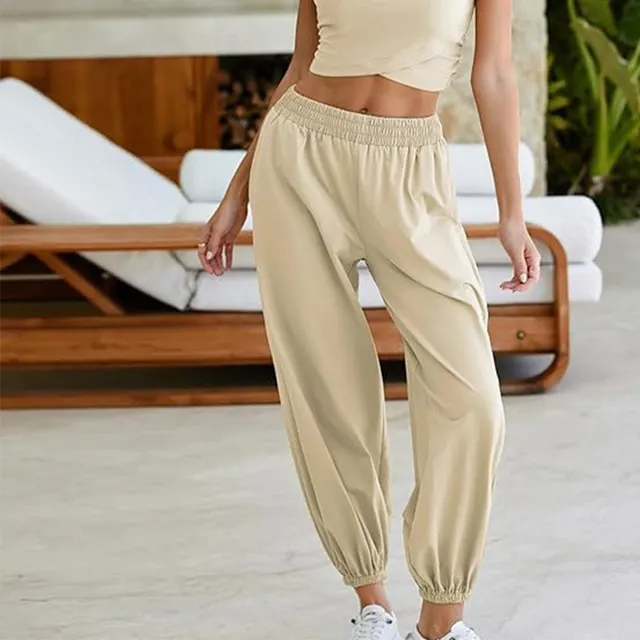 Ladies Two piece Set Solid Color Casual Suit Short Sleeveless Top Sweatpants Apricot Pants - Shop at LoveMi