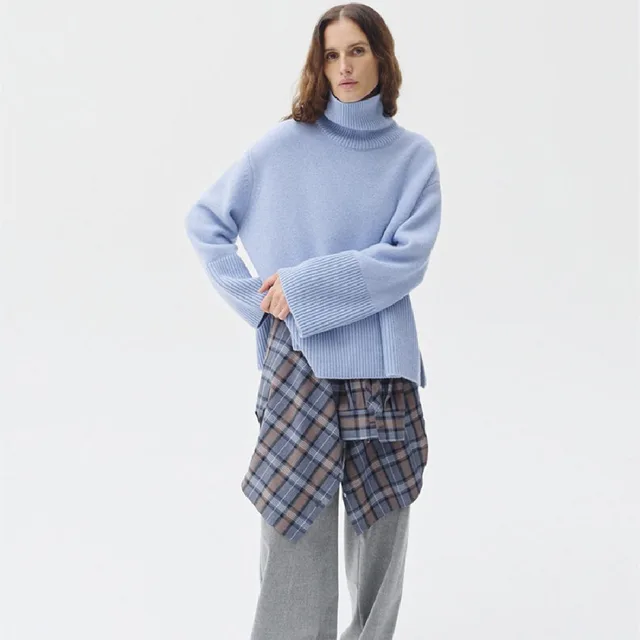 Solid Color Loose Women's Autumnwinter Sweater Sky Blue - Shop at LoveMi