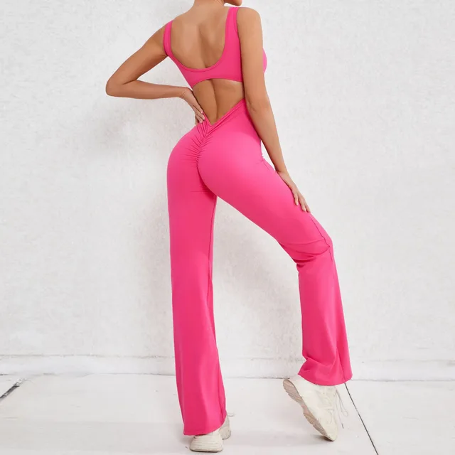 Hollow out Beauty Back Sports Workout Clothes Jumpsuit Rose Red - Shop at LoveMi