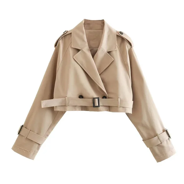 Long Sleeve Short Casual Solid Color Trench Coat Khaki - Shop at LoveMi