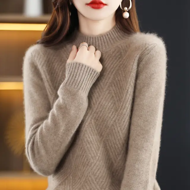 Women's Half Turtleneck Knitted Bottoming Shirt Raw Velvet Camel - Shop at LoveMi