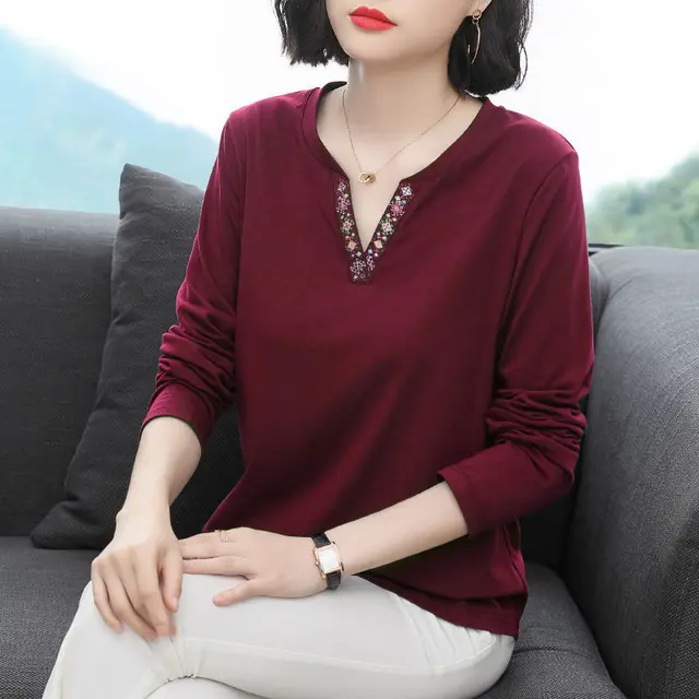 Women's Solid Color Loose Casual Base Shirt Top Red - Shop at LoveMi