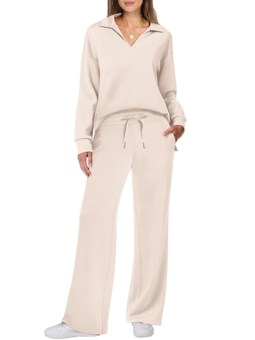 Casual Long Sleeve Drawstring Solid Color Commute Trousers Suit Women - Apricot