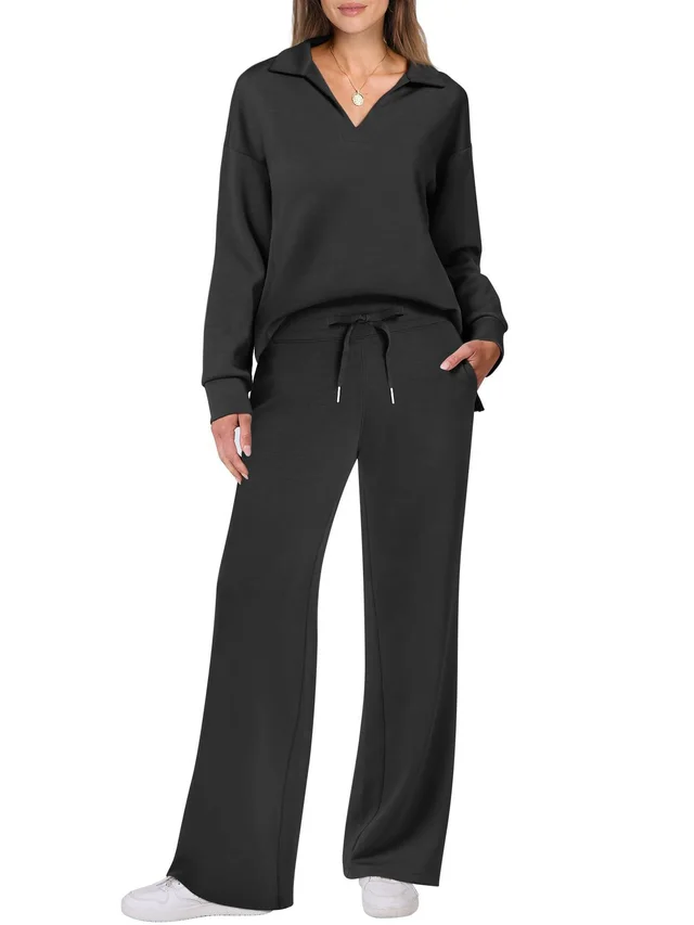Casual Long Sleeve Drawstring Solid Color Commute Trousers Suit Women Black - Shop at LoveMi