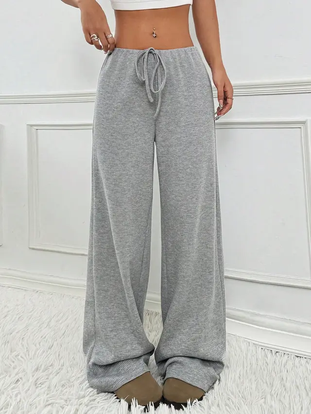 Women's Casual Striped Solid Color Drawstring Straight leg Pants Light Gray - Shop at LoveMi