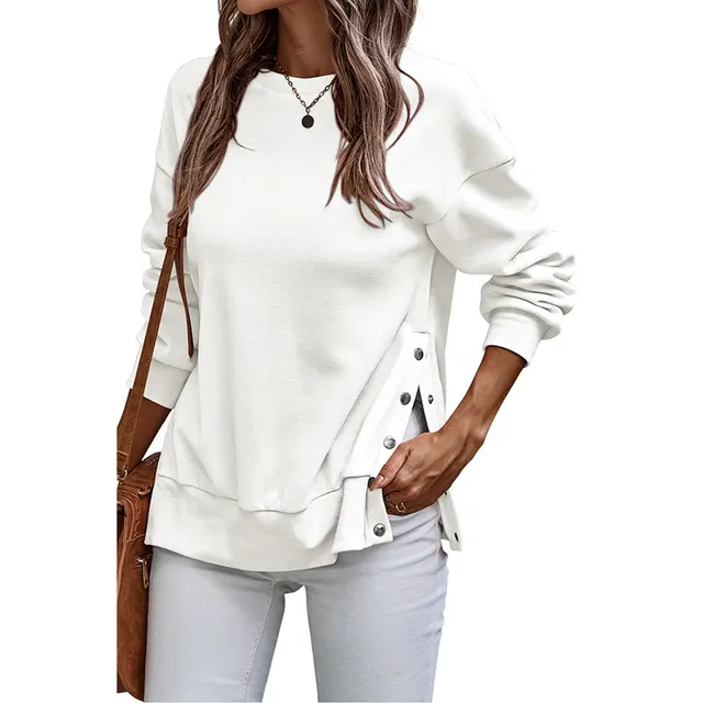 Solid Color Pullover Women's European And American Leisure Style Slit Loose Flab Hiding Long Sleeve Bathroom Lc25316883 White - Shop at LoveMi