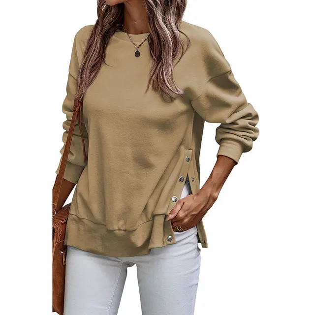 Solid Color Pullover Women's European And American Leisure Style Slit Loose Flab Hiding Long Sleeve Bathroom Lc25316883P17Color - Shop at LoveMi