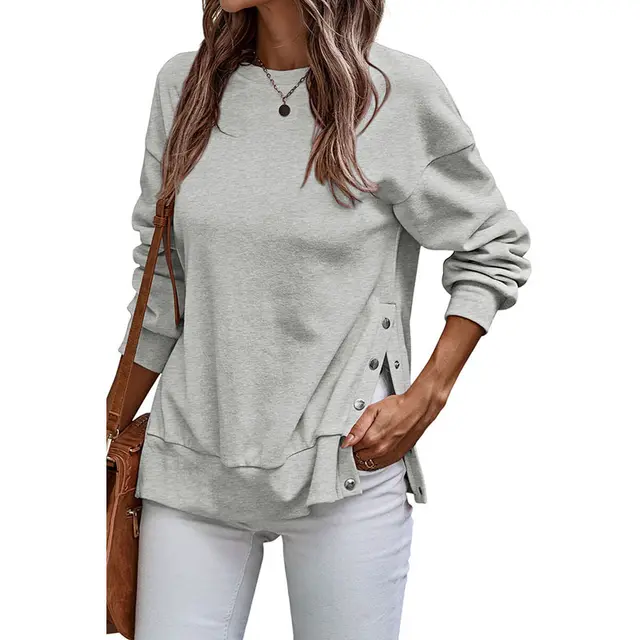 Solid Color Pullover Women's European And American Leisure Style Slit Loose Flab Hiding Long Sleeve Bathroom - Lc25316883P3011Color