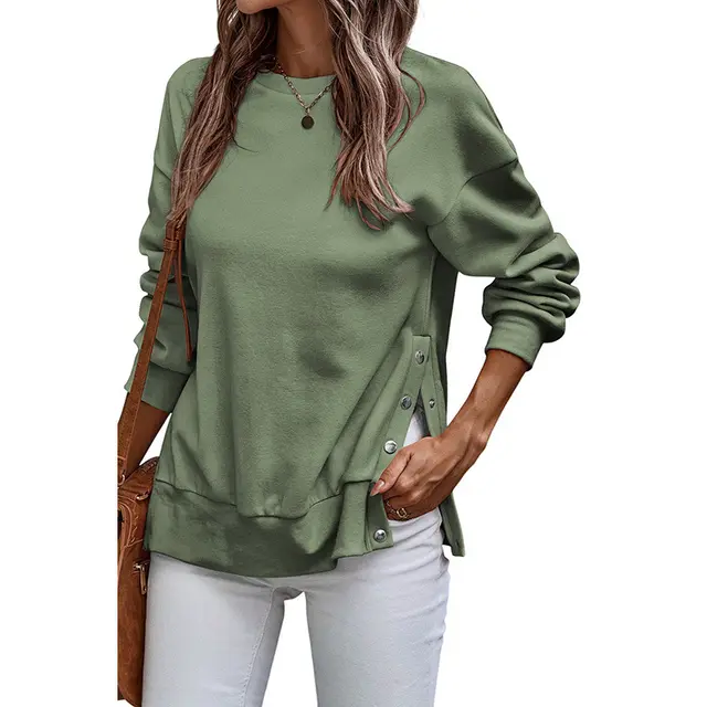 Solid Color Pullover Women's European And American Leisure Style Slit Loose Flab Hiding Long Sleeve Bathroom Lc25316883P509Color - Shop at LoveMi