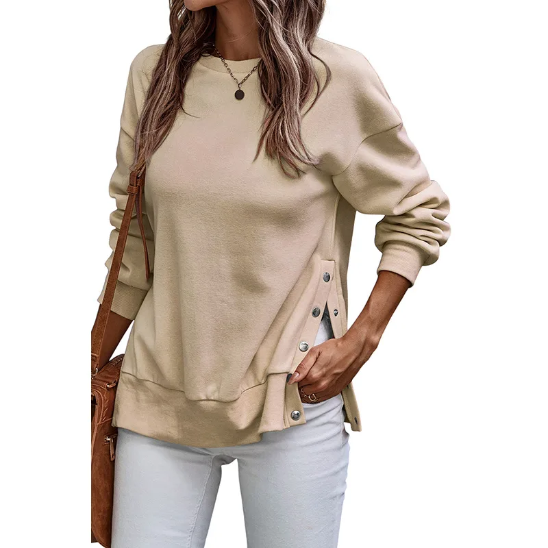 Solid Color Pullover Women's European And American Leisure Style Slit Loose Flab Hiding Long Sleeve Bathroom Lc25316883P6016Color M - Shop at LoveMi