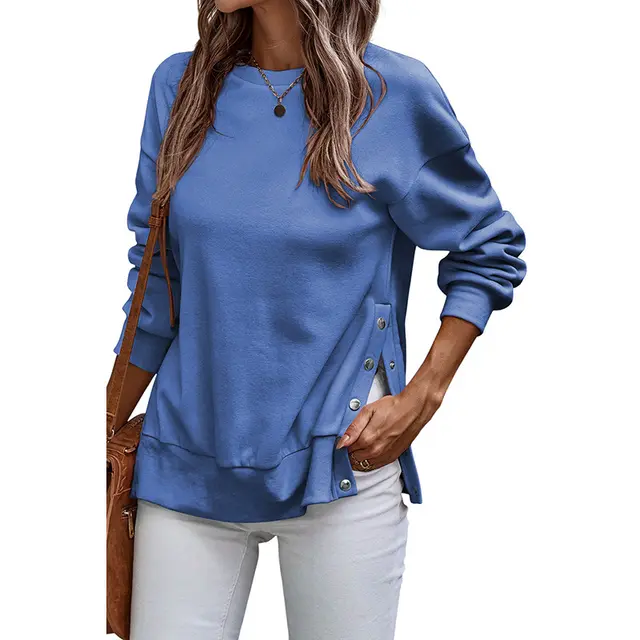 Solid Color Pullover Women's European And American Leisure Style Slit Loose Flab Hiding Long Sleeve Bathroom - Lc25316883P705Color