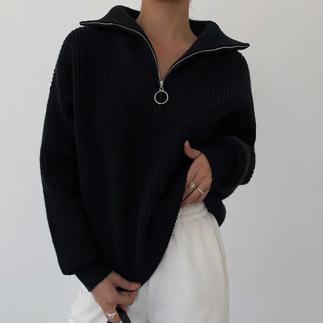 Turtleneck Zipper Pullover Women's Outer Wear Black - Shop at LoveMi