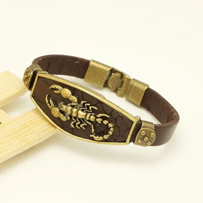 Fashion Men's Cattle Leather Bracelet Zinc Alloy Scorpion Coffee Leather - Shop at LoveMi