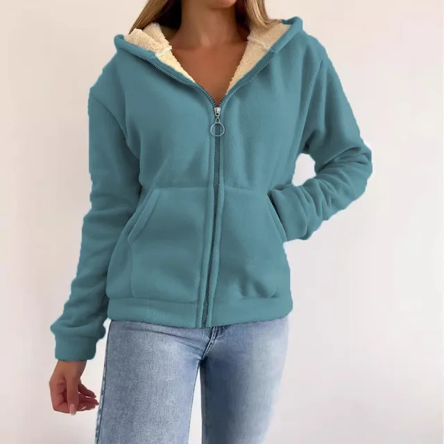 Zipper Kangaroo Pocket Warm Hooded Cardigan Sweater Peacock Blue - Shop at LoveMi