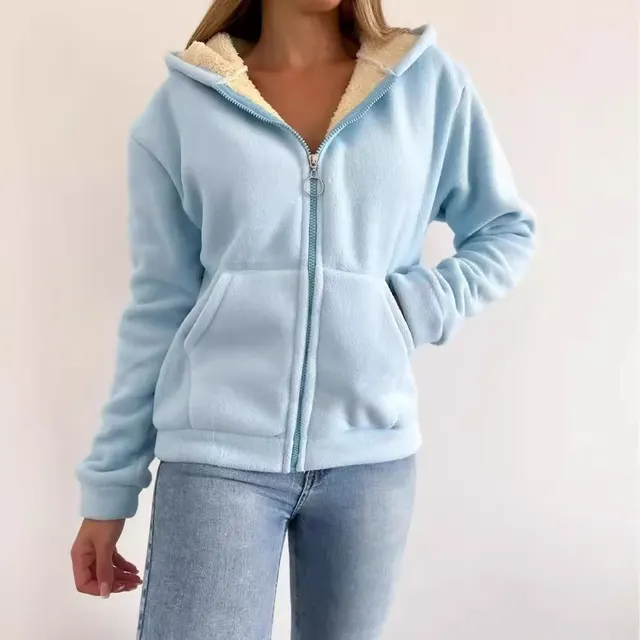 Zipper Kangaroo Pocket Warm Hooded Cardigan Sweater Sky Blue - Shop at LoveMi