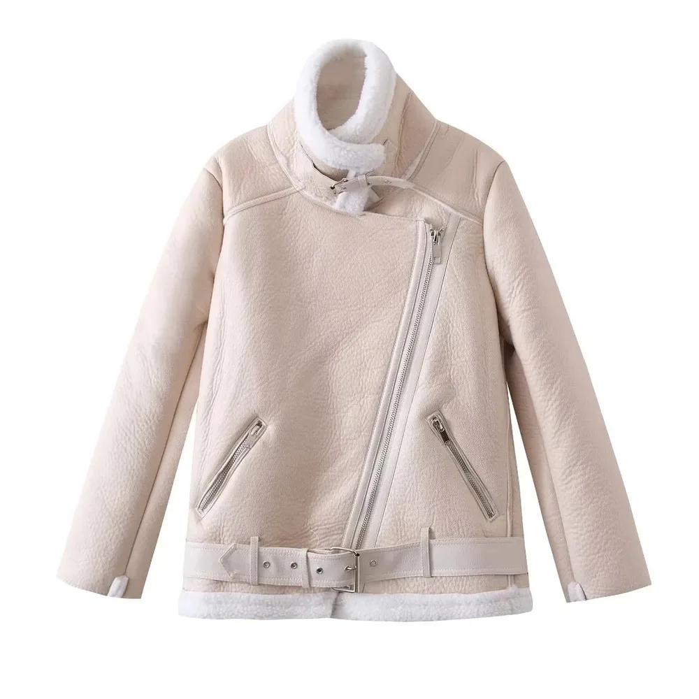 Burst Board Fur Integrated Lamb Fur Thick Warm Jacket Motorcycle - Beige - View 1