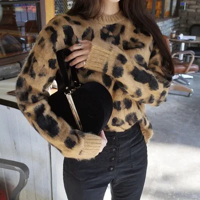 Refined Stylish And Versatile Warm Thick Leopard Print Pullover Sweater Khaki - Shop at LoveMi