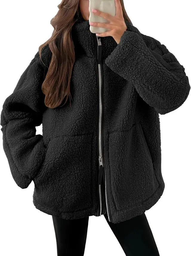 Winter Lapel Zip up Coat With Pockets Casual Fashion Solid Fleece Jacket Fall Spring Long Sleeve Women's Clothing Black - Shop at LoveMi