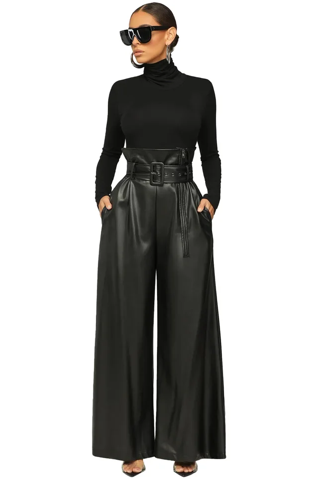 High Waist PU Leather Pants Metal Belt Wide Leg Trousers Black - Shop at LoveMi