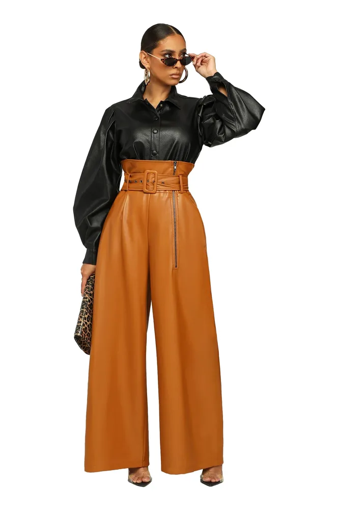 High Waist PU Leather Pants Metal Belt Wide Leg Trousers - Chocolate