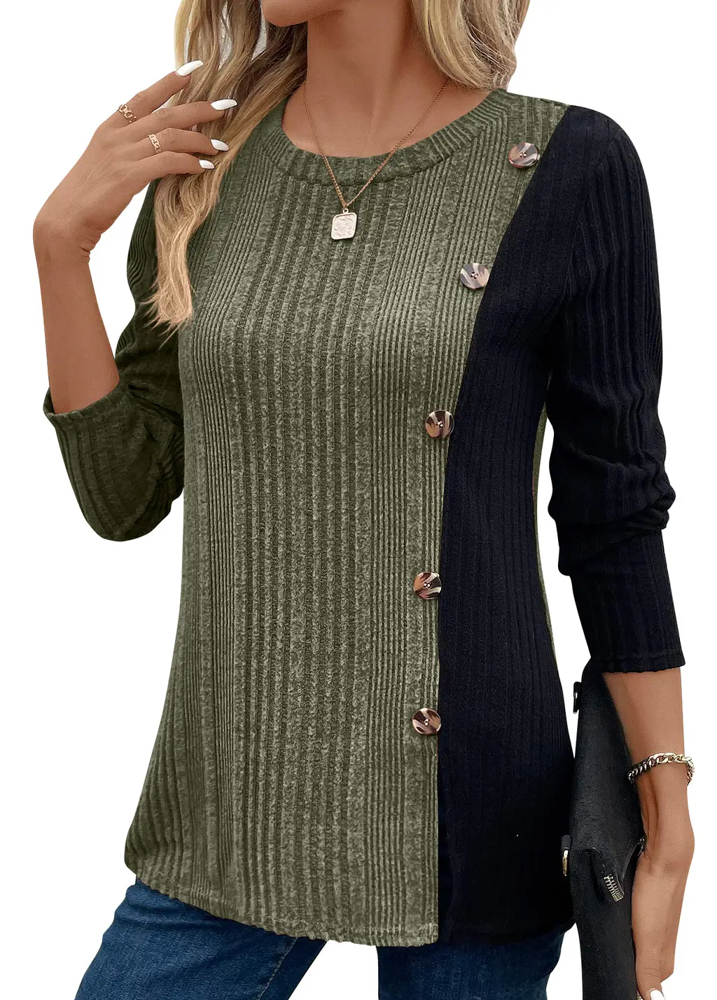 Women's Colour Matching Colour Contrast Button Split Casual Long Top - Army Green
