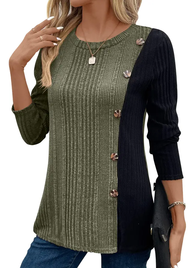 Women's Color Matching Color Contrast Button Split Casual Long Top Army Green - Shop at LoveMi