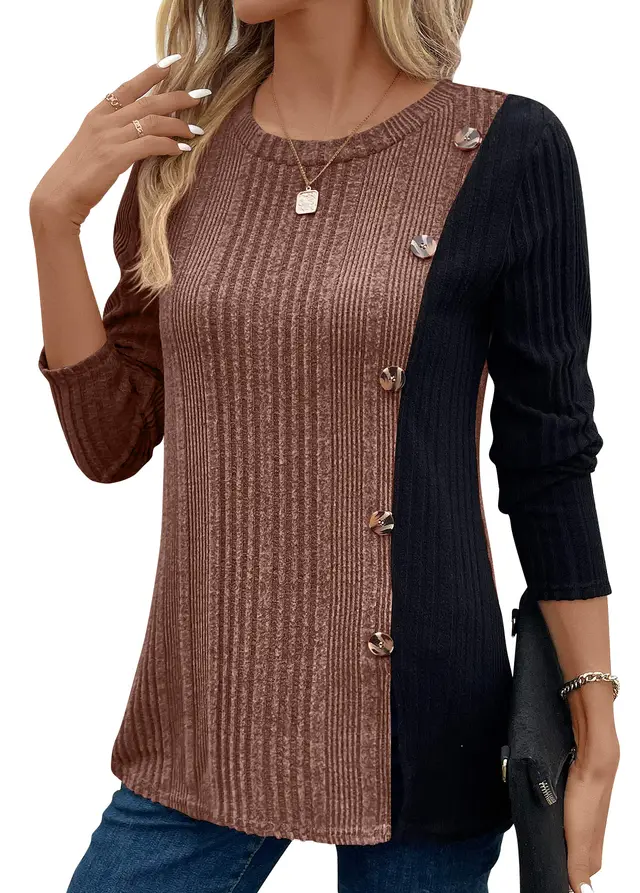 Women's Color Matching Color Contrast Button Split Casual Long Top Dark Brown - Shop at LoveMi