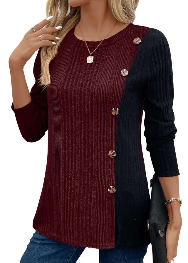 Women's Color Matching Color Contrast Button Split Casual Long Top Dark Red - Shop at LoveMi