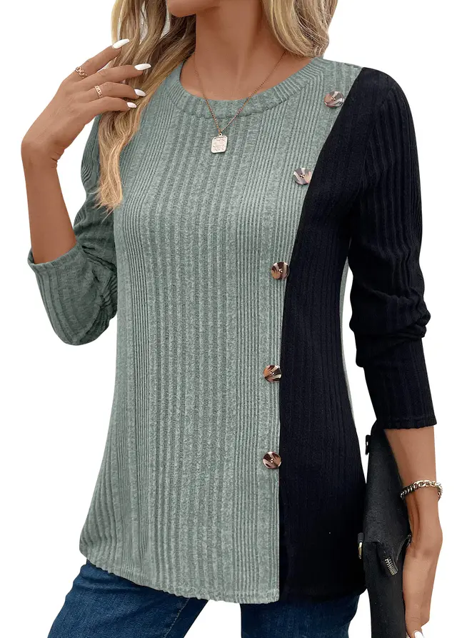 Women's Color Matching Color Contrast Button Split Casual Long Top Light Green - Shop at LoveMi