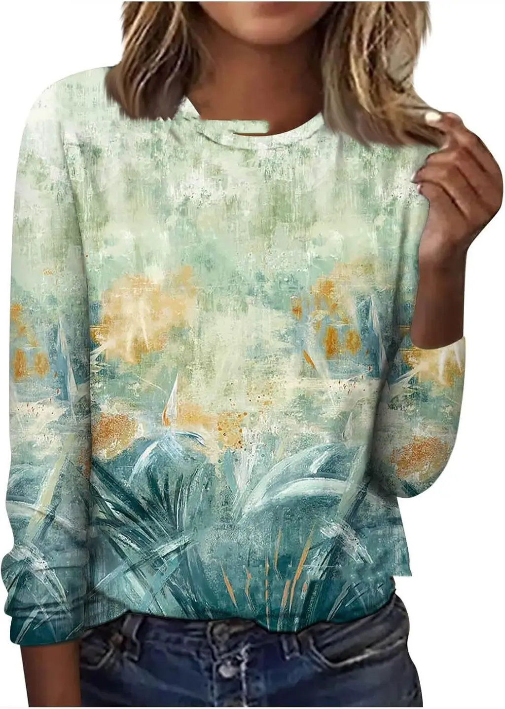 Round Neck Long Sleeve Floral Geometric Print - Jyq47292811