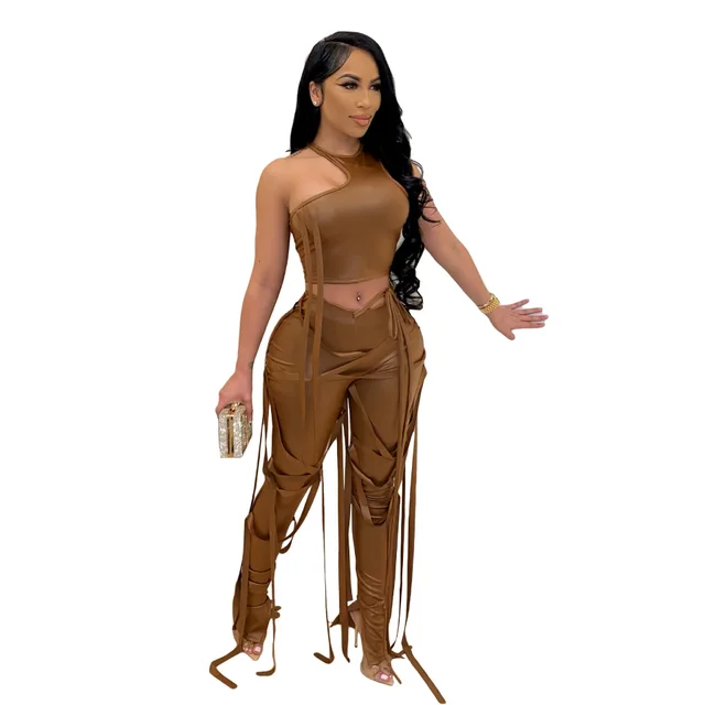 Women's Sexy Two piece Suit Vest Strap Suit Faux Leather Pants Brown - Shop at LoveMi