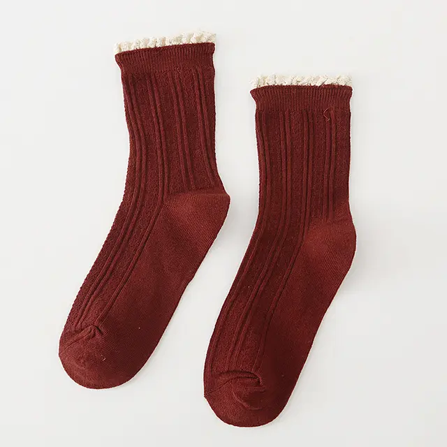 Autumn And Winter Socks Women's Japanese College Style Lace Wine Red - Shop at LoveMi