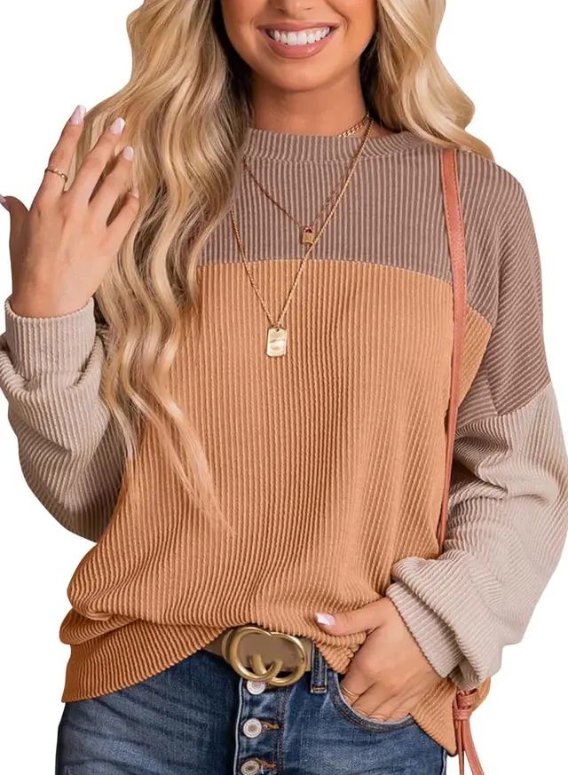 Women's Color Matching Casual Loose Sweater Pullover Khaki - Shop at LoveMi