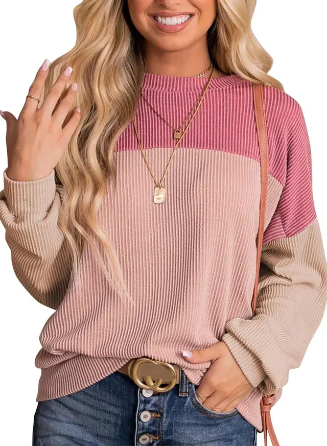 Women's Color Matching Casual Loose Sweater Pullover Pink - Shop at LoveMi